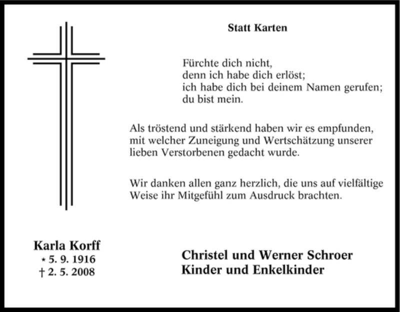 Traueranzeige für Karla Korff vom 02.06.2008 aus Tageszeitung