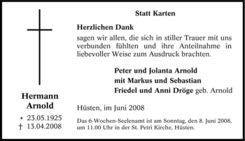 Traueranzeige von Hermann Arnold von Tageszeitung