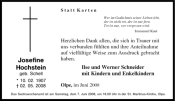 Traueranzeige von Josefine Hochstein von Tageszeitung