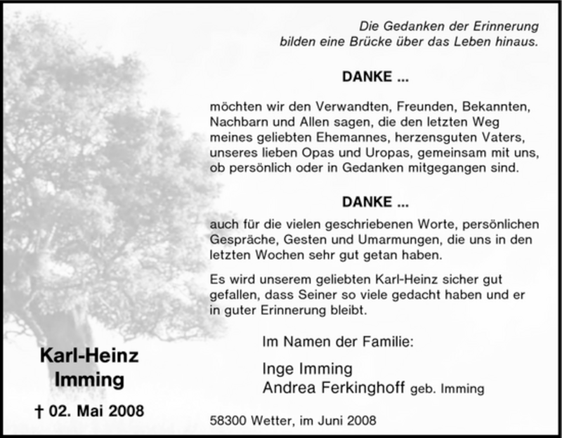  Traueranzeige für Karl-Heinz Imming vom 03.06.2008 aus Tageszeitung