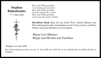 Traueranzeige von Stephan Büdenbender von Tageszeitung