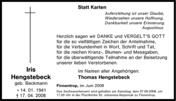 Traueranzeige von Iris Hengstebeck von Tageszeitung