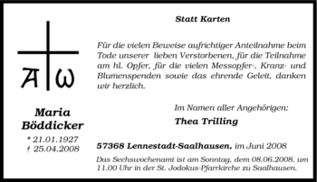 Traueranzeige von Maria Böddicker von Tageszeitung
