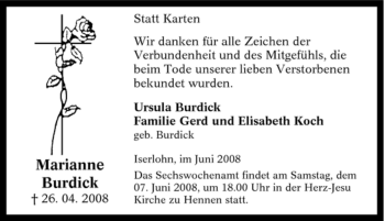 Traueranzeige von Marianne Burdick von Tageszeitung