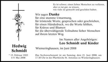 Traueranzeige von Hedwig Schmidt von Tageszeitung
