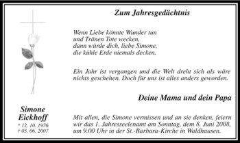 Traueranzeige von Simone Eickhoff von Tageszeitung
