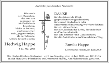 Traueranzeige von Hedwig Happe von Tageszeitung