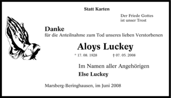 Traueranzeige von Aloys Luckey von Tageszeitung