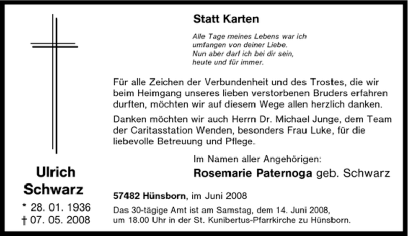  Traueranzeige für Ulrich Schwarz vom 07.06.2008 aus Tageszeitung