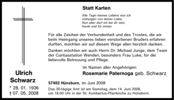 Traueranzeige von Ulrich Schwarz von Tageszeitung