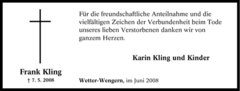 Traueranzeige von Frank Kling von Tageszeitung