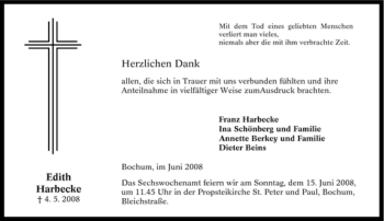 Traueranzeige von Edith Harbecke von Tageszeitung