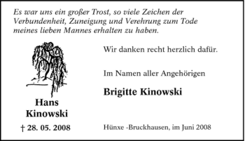 Traueranzeige von Hans Kinowski von Tageszeitung