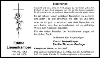 Traueranzeige von Editha Lienenkämper von Tageszeitung