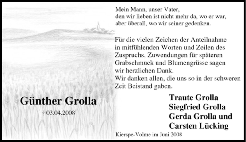  Traueranzeige für Günther Grolla vom 07.06.2008 aus Tageszeitung