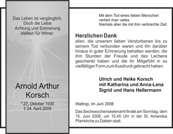 Traueranzeige von Arnold Arthur Korsch von Tageszeitung