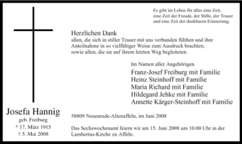 Traueranzeige von Josefa Hannig von Tageszeitung