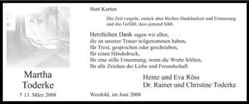 Traueranzeige von Martha Toderke von Tageszeitung