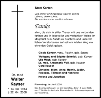 Traueranzeige von Walter Kayser von Tageszeitung
