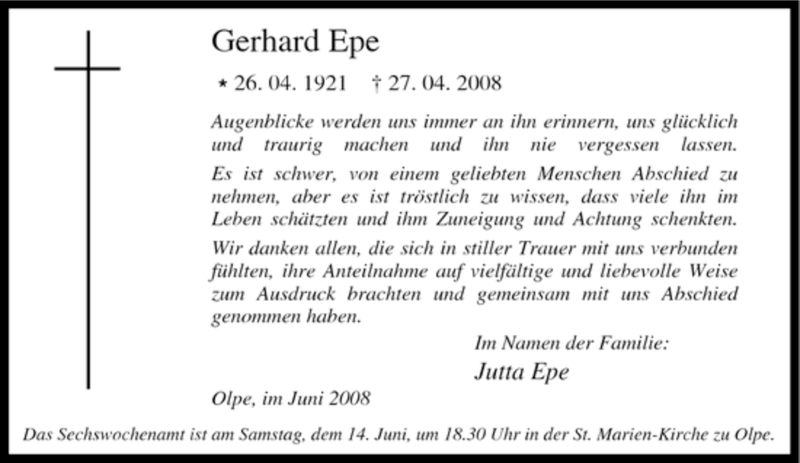  Traueranzeige für Gerhard Epe vom 10.06.2008 aus Tageszeitung