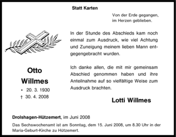 Traueranzeige von Otto Willmes von Tageszeitung
