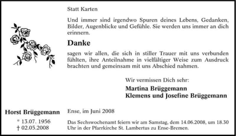  Traueranzeige für Horst Brüggemann vom 10.06.2008 aus Tageszeitung