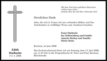 Traueranzeige von Edith Harbecke von Tageszeitung