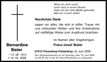 Traueranzeige von Bernardine Sieler von Tageszeitung