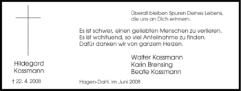 Traueranzeige von Hildegard Kossmann von Tageszeitung