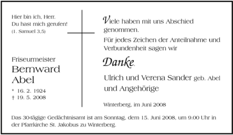  Traueranzeige für Bernward Abel vom 11.06.2008 aus Tageszeitung