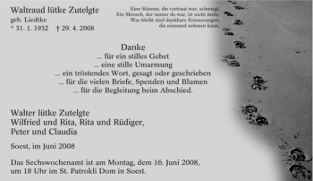 Traueranzeige von Waltraud lütke Zutelgte von Tageszeitung