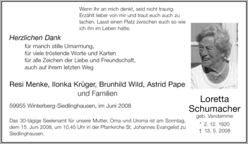  Traueranzeige für Loretta Schumacher vom 13.06.2008 aus Tageszeitung
