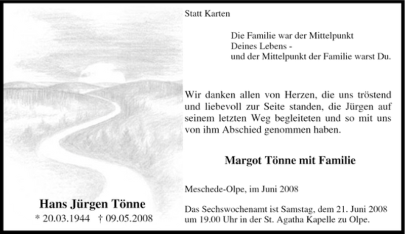  Traueranzeige für Hans Jürgen Tönne vom 14.06.2008 aus Tageszeitung