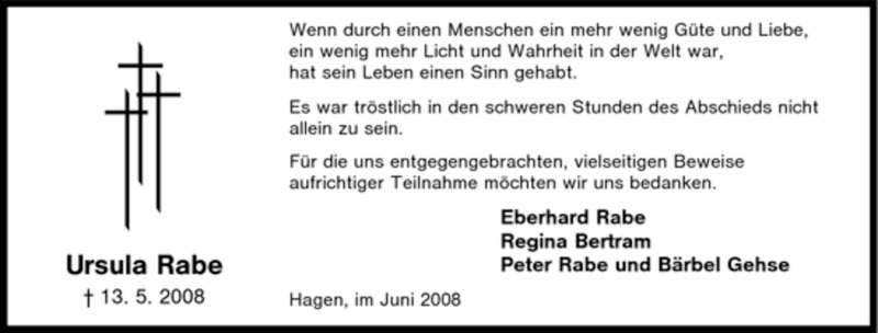  Traueranzeige für Ursula Rabe vom 14.06.2008 aus Tageszeitung