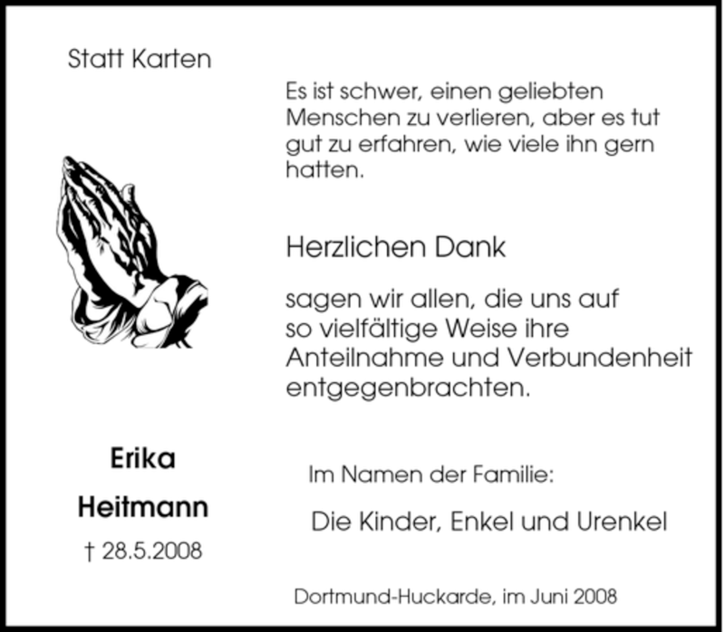  Traueranzeige für Erika Heitmann vom 14.06.2008 aus Tageszeitung