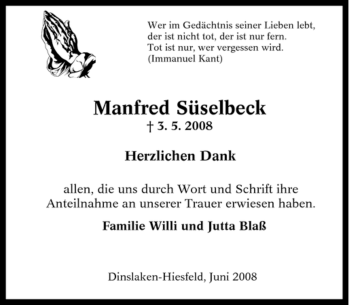 Traueranzeige von Manfred Süselbeck von Tageszeitung