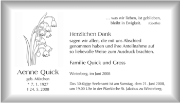 Traueranzeige von Aenne Quick von Tageszeitung