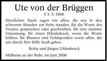 Traueranzeige von Ute von der Brüggen von Tageszeitung