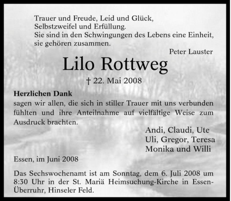  Traueranzeige für Lilo Rottweg vom 14.06.2008 aus Tageszeitung