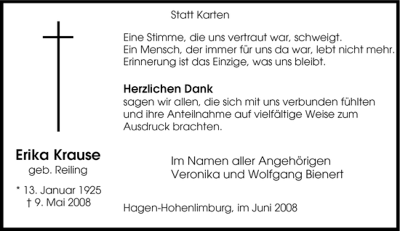  Traueranzeige für Erika Krause vom 14.06.2008 aus Tageszeitung