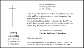 Traueranzeige von Hedwig Wiesehöfer von Tageszeitung