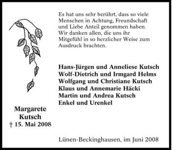 Traueranzeige von Margarete Kutsch von Tageszeitung