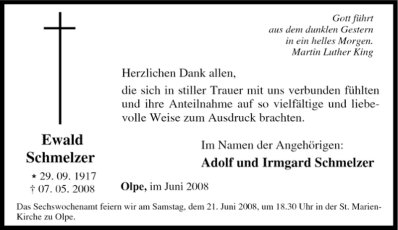  Traueranzeige für Ewald Schmelzer vom 17.06.2008 aus Tageszeitung