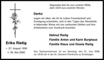 Traueranzeige von Erika Rietig von Tageszeitung
