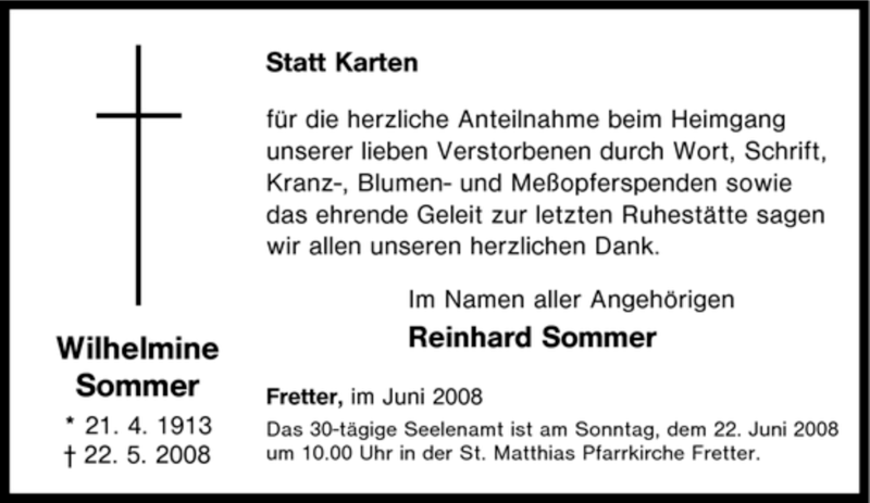  Traueranzeige für Wilhelmine Sommer vom 17.06.2008 aus Tageszeitung