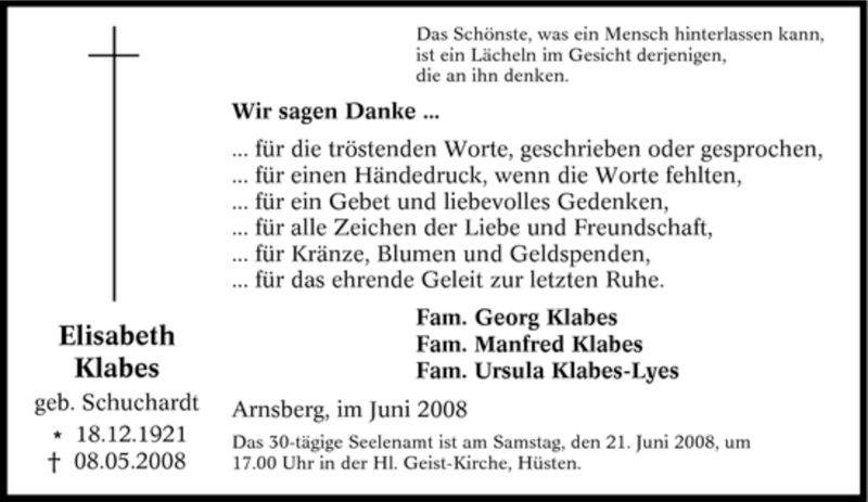  Traueranzeige für Elisabeth Klabes vom 18.06.2008 aus Tageszeitung