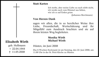 Traueranzeige von Elisabeth Wirth von Tageszeitung