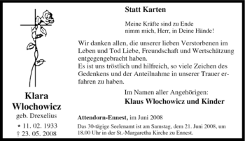 Traueranzeige von Klara Wlochowicz von Tageszeitung