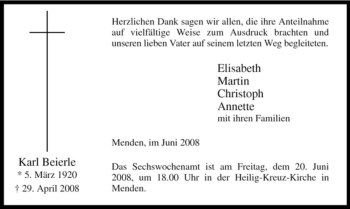 Traueranzeige von Karl Beierle von Tageszeitung