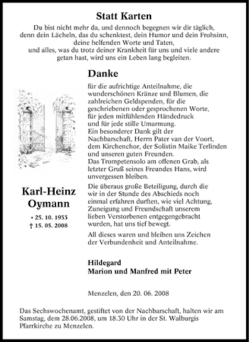 Traueranzeige von Karl-Heinz Oymann von Tageszeitung